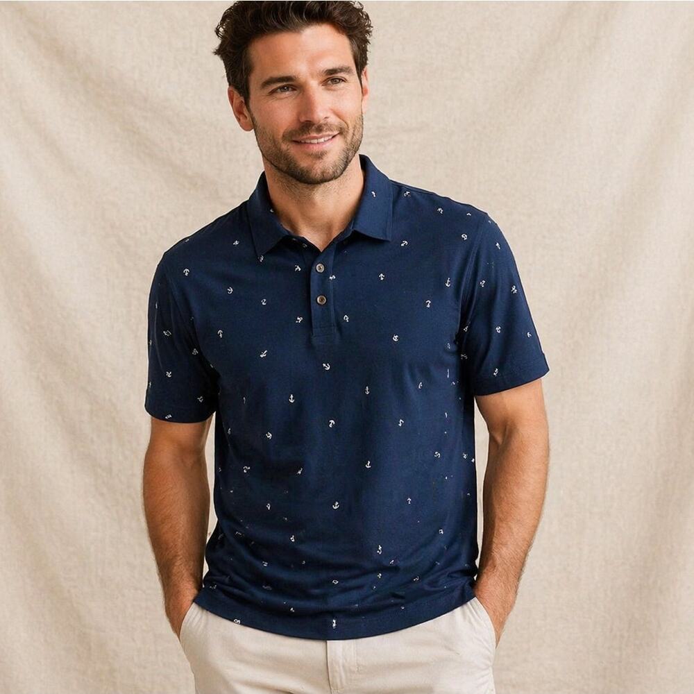 Navy Anchor Print Polo Shirt Small NWT Coastal Preppy Resort Summer Vacation